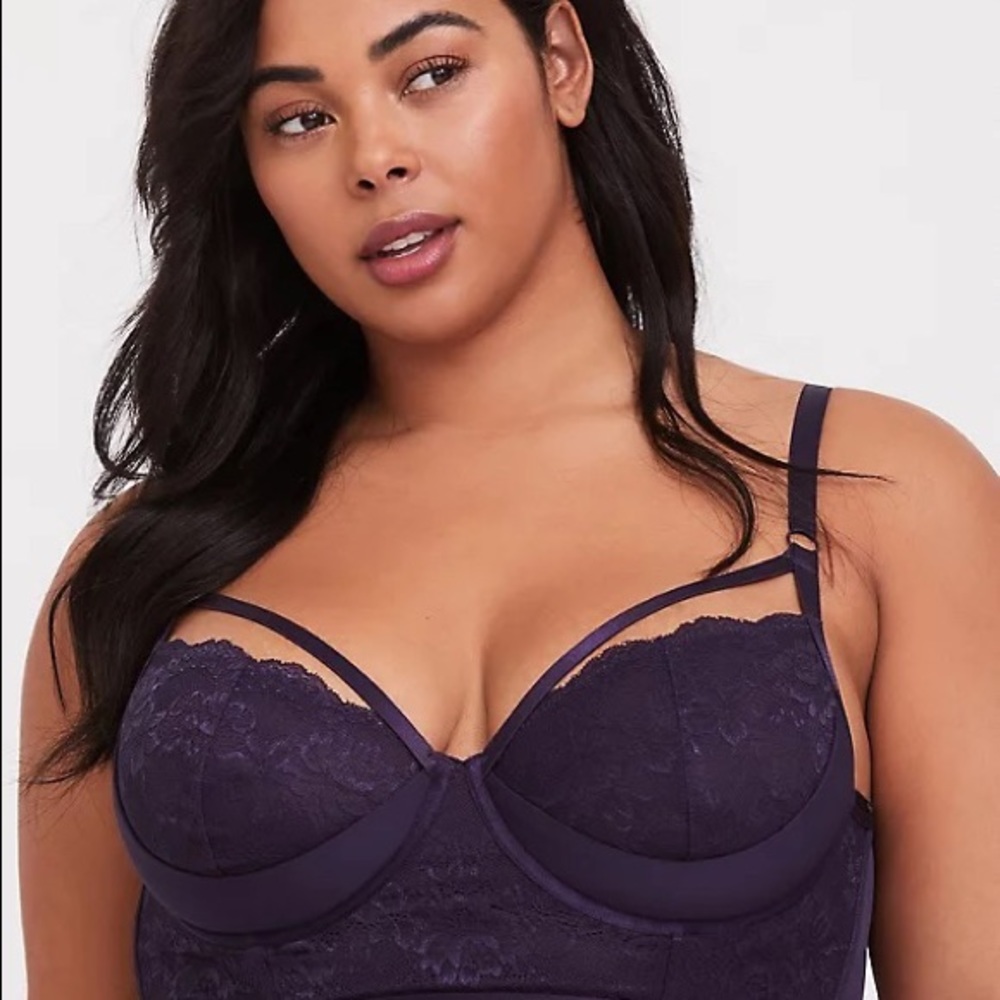 DARK PURPLE LACE STRAPPY LIGHTLY LINED LONGLINE UNDERWIRE BRALETTE Size 6